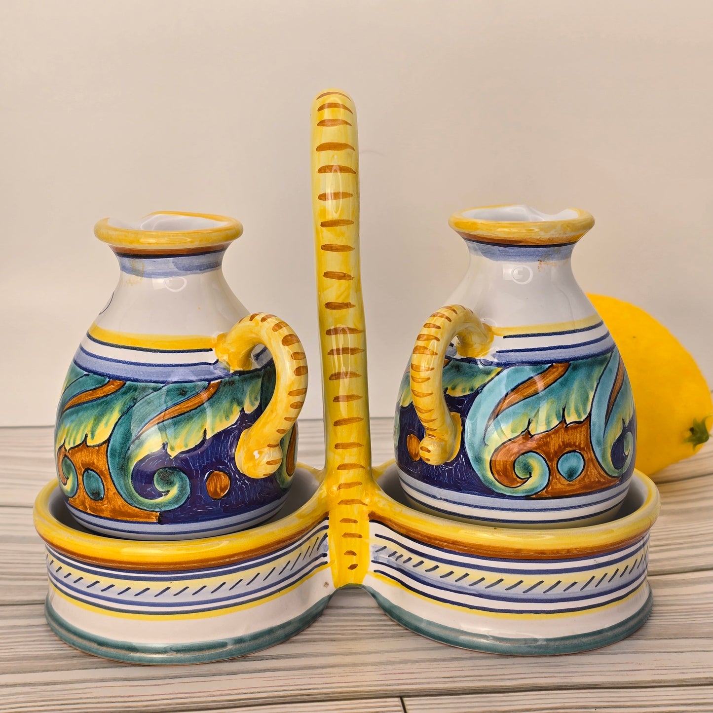 Deruta Italy Hand-Painted Olio & Aceto Cruet Set by Gialletti Pimpinelli