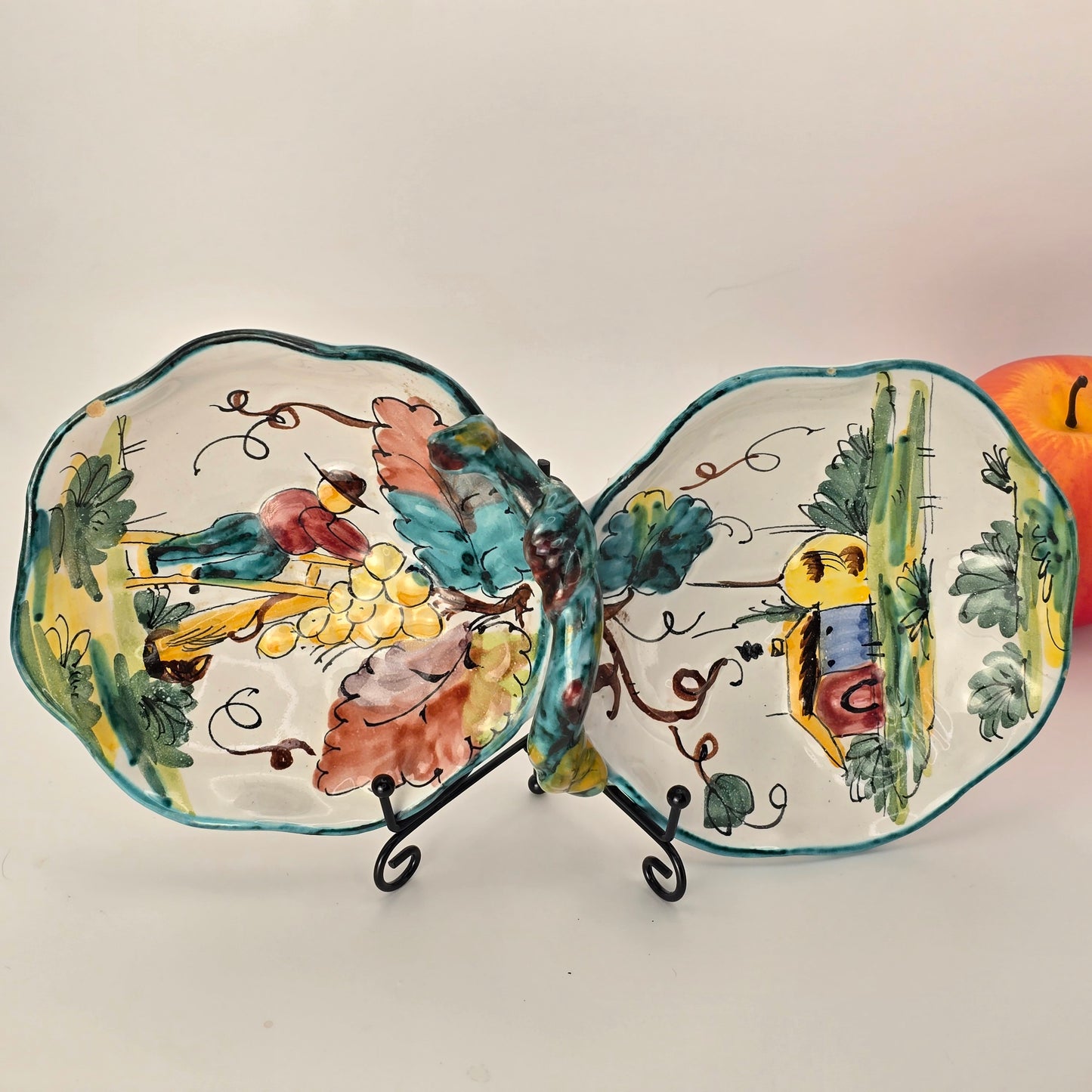 Hand-Painted Italian Ceramic Double Dish with Handle, Rustic Folk Art