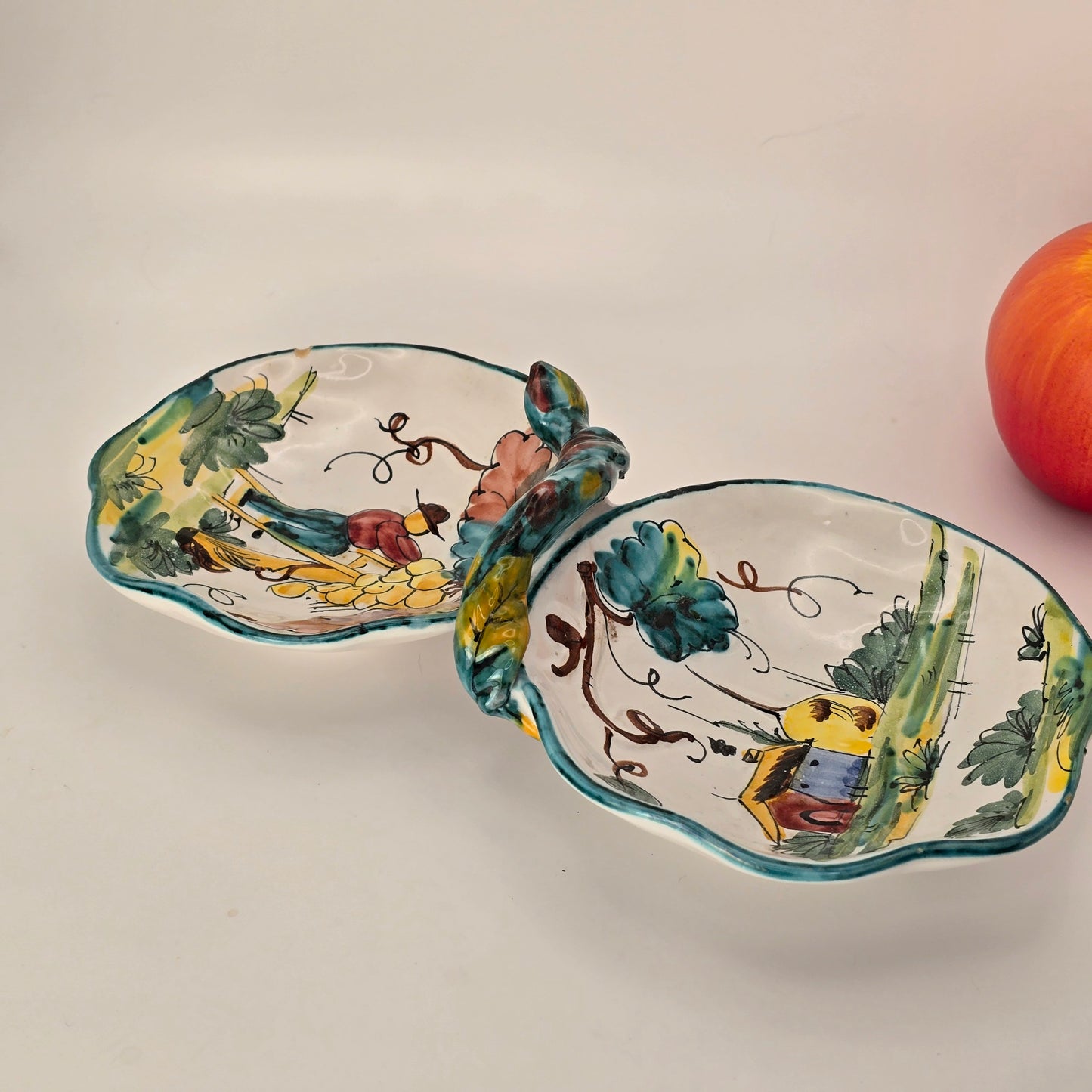 Hand-Painted Italian Ceramic Double Dish with Handle, Rustic Folk Art