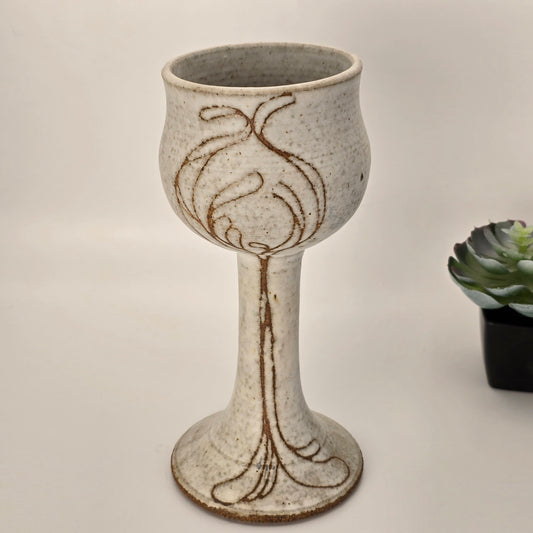 Studio Pottery Stoneware Goblet with Speckled Glaze and Carved Details