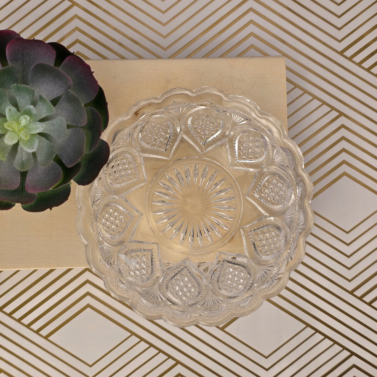 Vintage Cut Glass Serving Bowl, Scalloped Edge Pressed Glass Dish